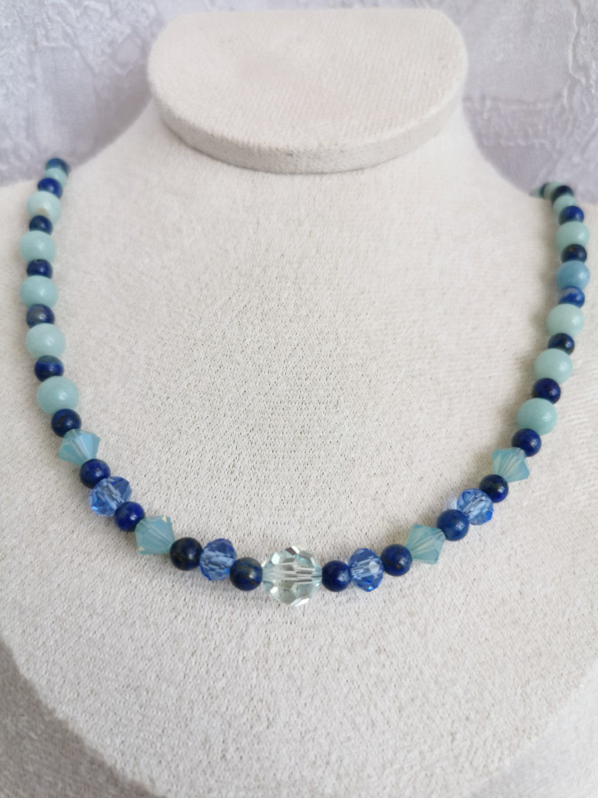 collier en amazonite, lapis lazuli et perles fantaisies facettées