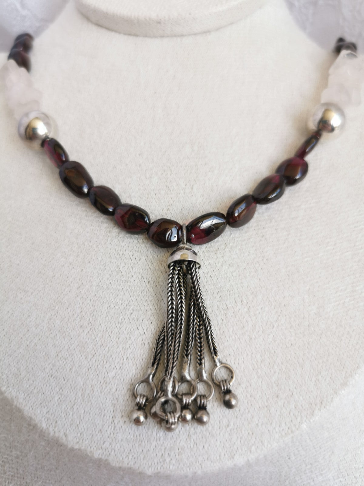 Collier en grenat et quartz rose, perles argent 925