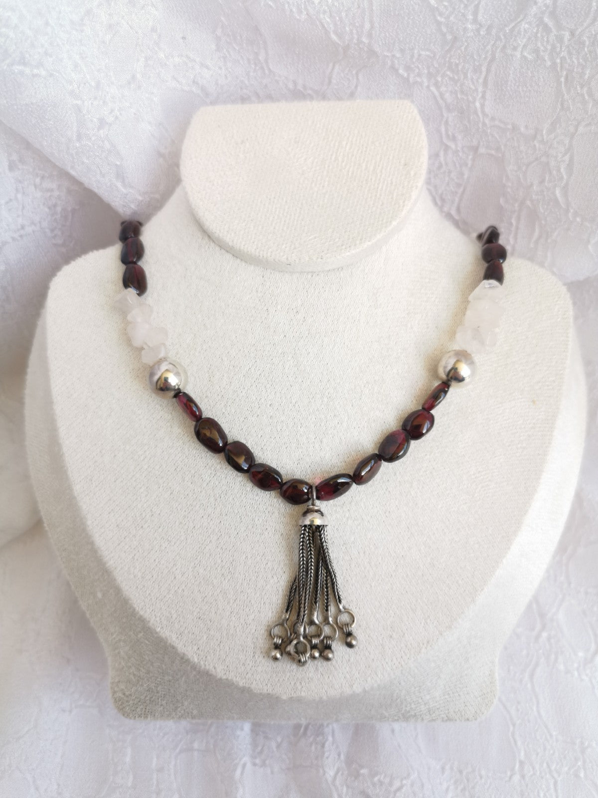 Collier en grenat et quartz rose, perles argent 925