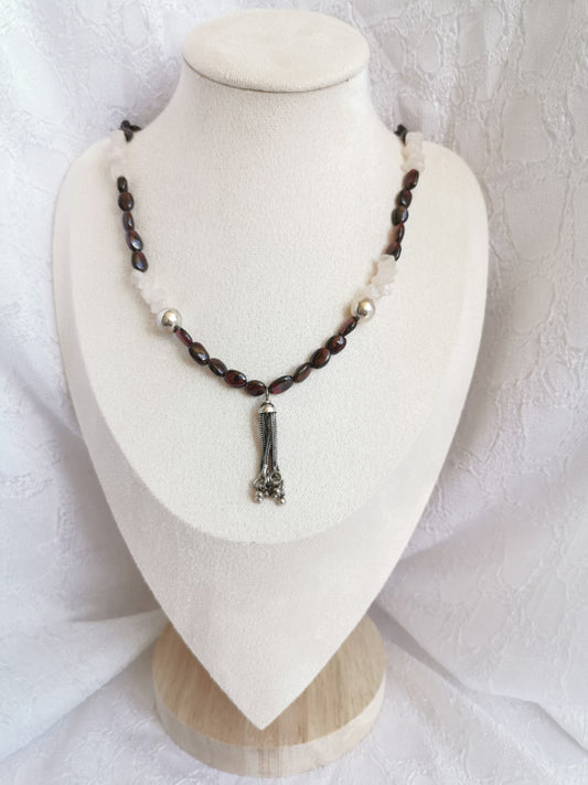 Collier en grenat et quartz rose, perles argent 925