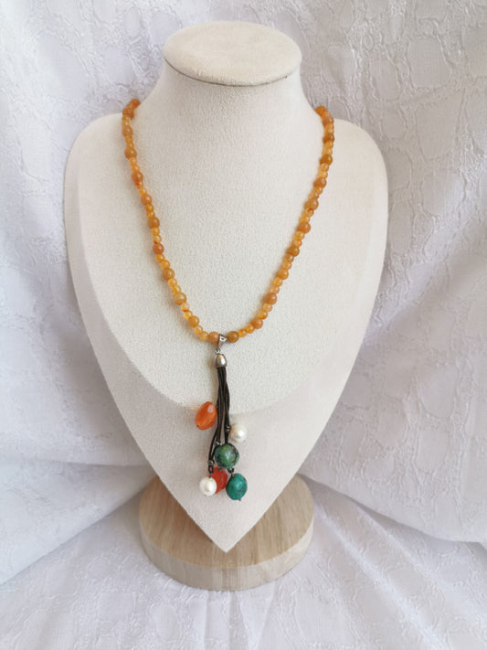 Sautoir Cornaline, Turquoise & Perles d’Eau Douce