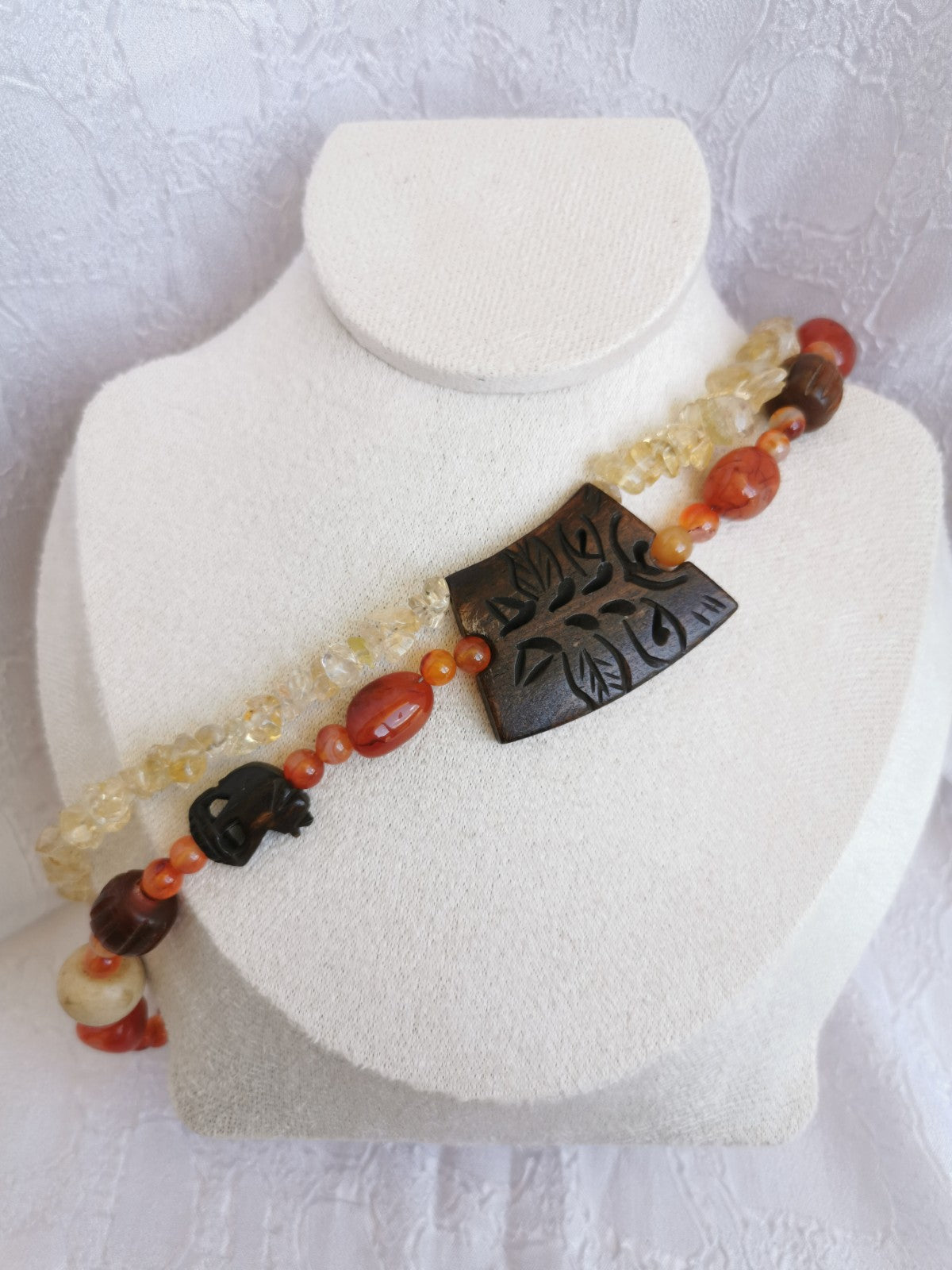Sautoir Citrine, Cornaline & Bois Sculpté