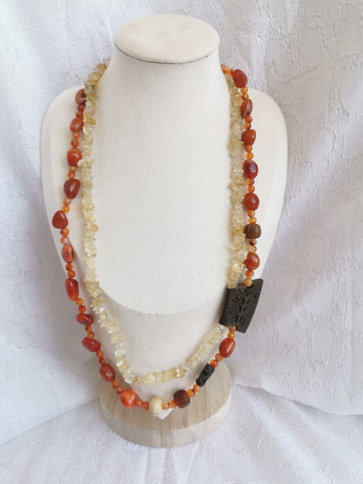 Sautoir Citrine, Cornaline & Bois Sculpté
