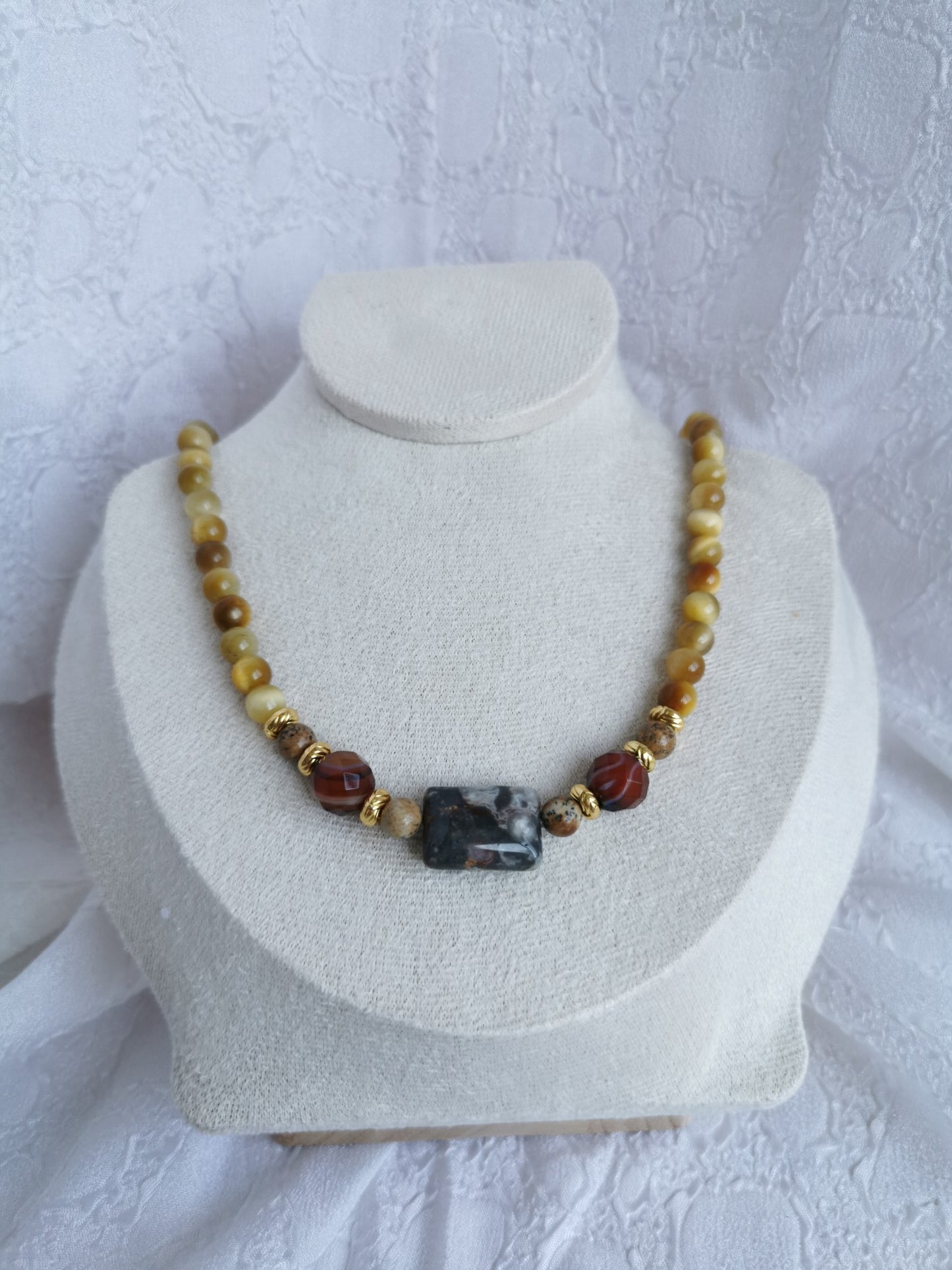 Colliers œil de tigre, jaspe paysage, agate