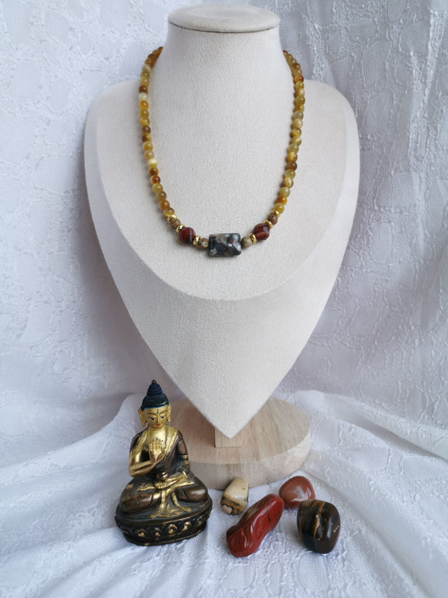 Colliers œil de tigre, jaspe paysage, agate