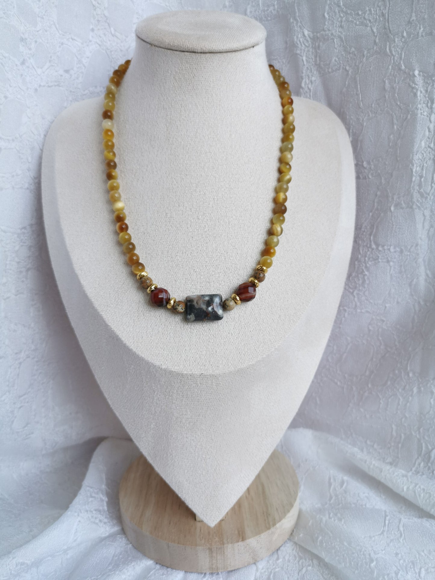 Colliers œil de tigre, jaspe paysage, agate