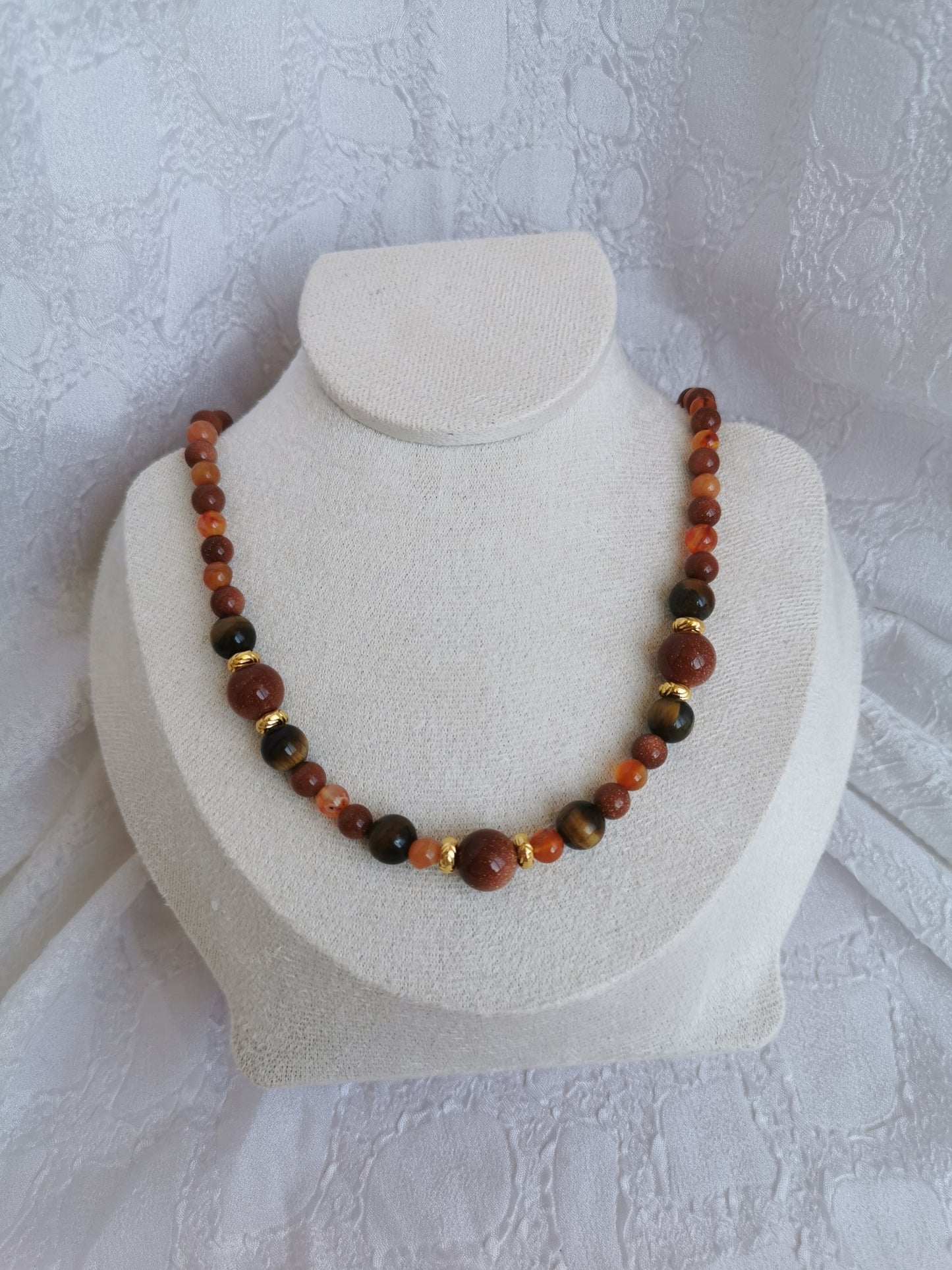 Collier perle de soleil, cornaline, œil de tigre