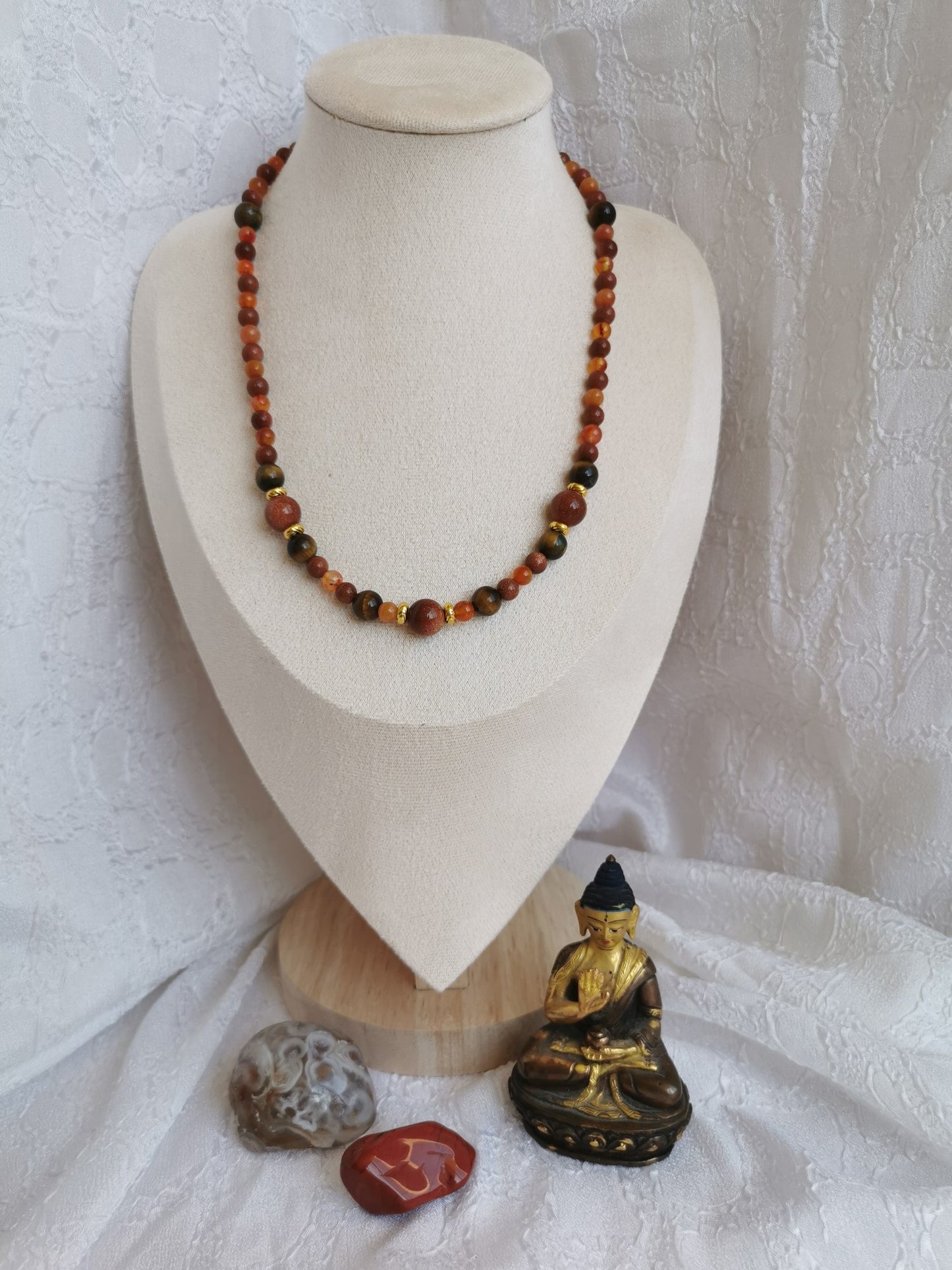 Collier perle de soleil, cornaline, œil de tigre