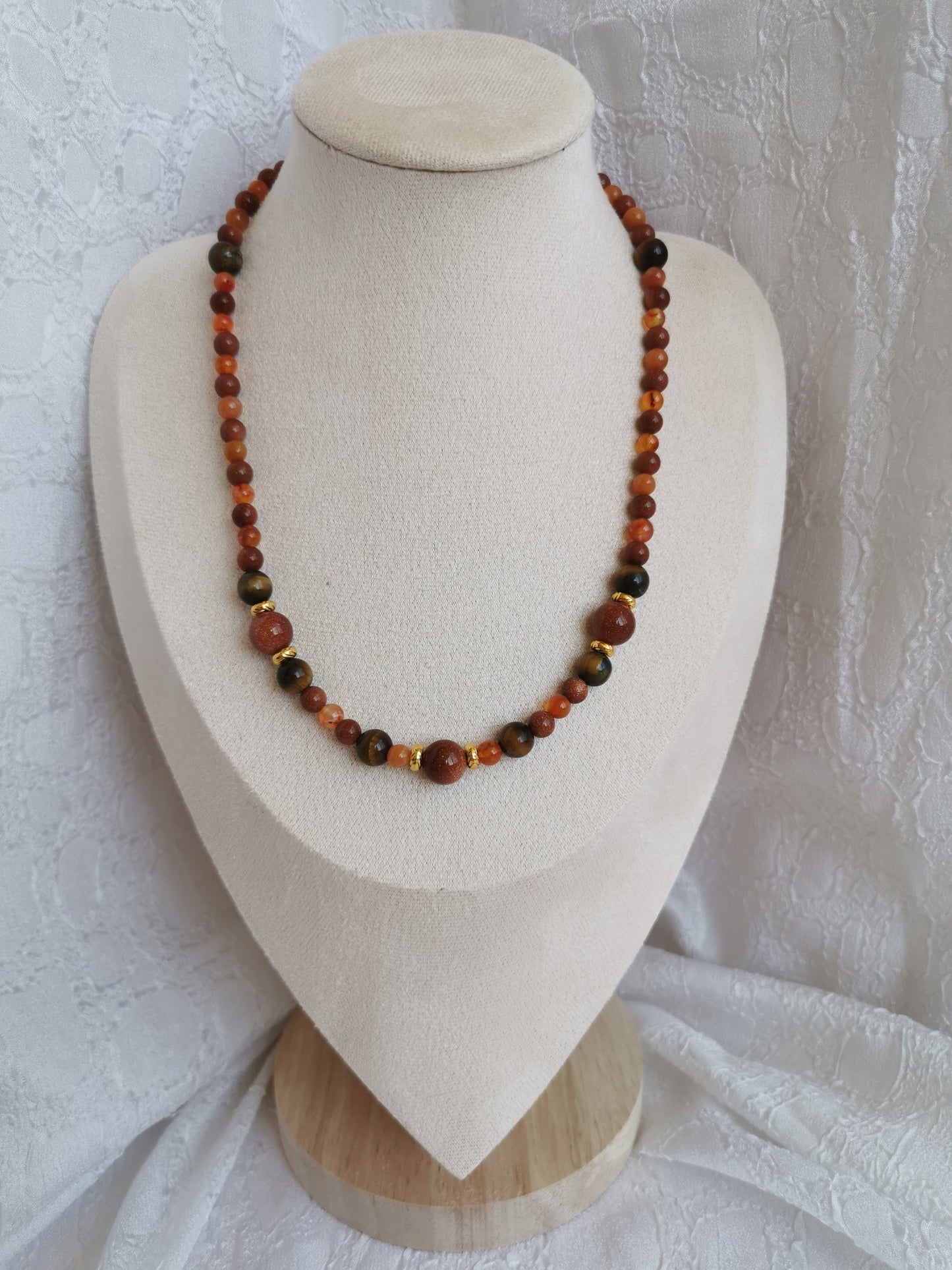 Collier perle de soleil, cornaline, œil de tigre
